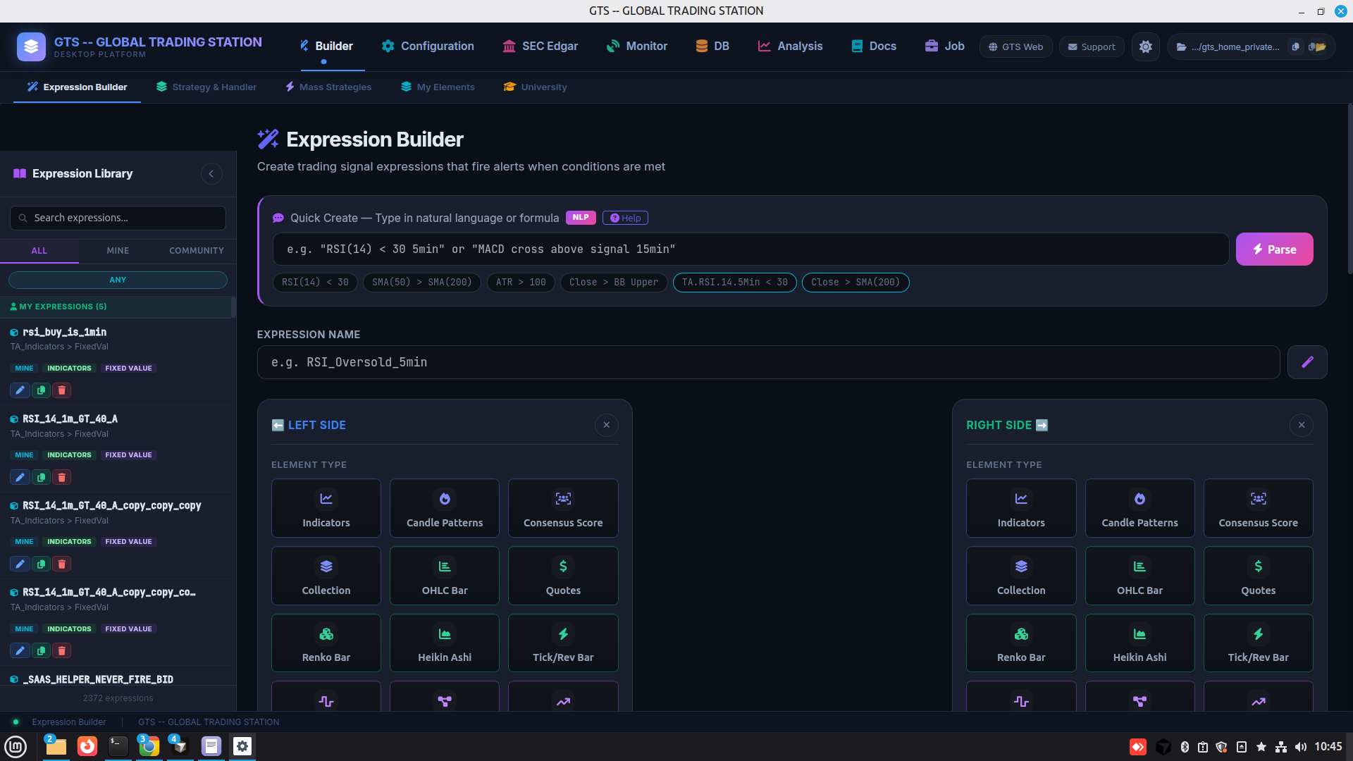 GTS-Desk Expression Builder with full station chrome (Builder · Config · SEC Edgar · Monitor · DB · Analysis · Docs · Job)