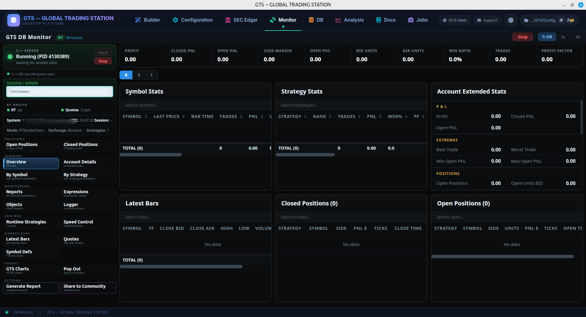 GTS Desk Monitor view showing runtime health, profit metrics, symbol stats, strategy stats, latest bars, and open positions.
