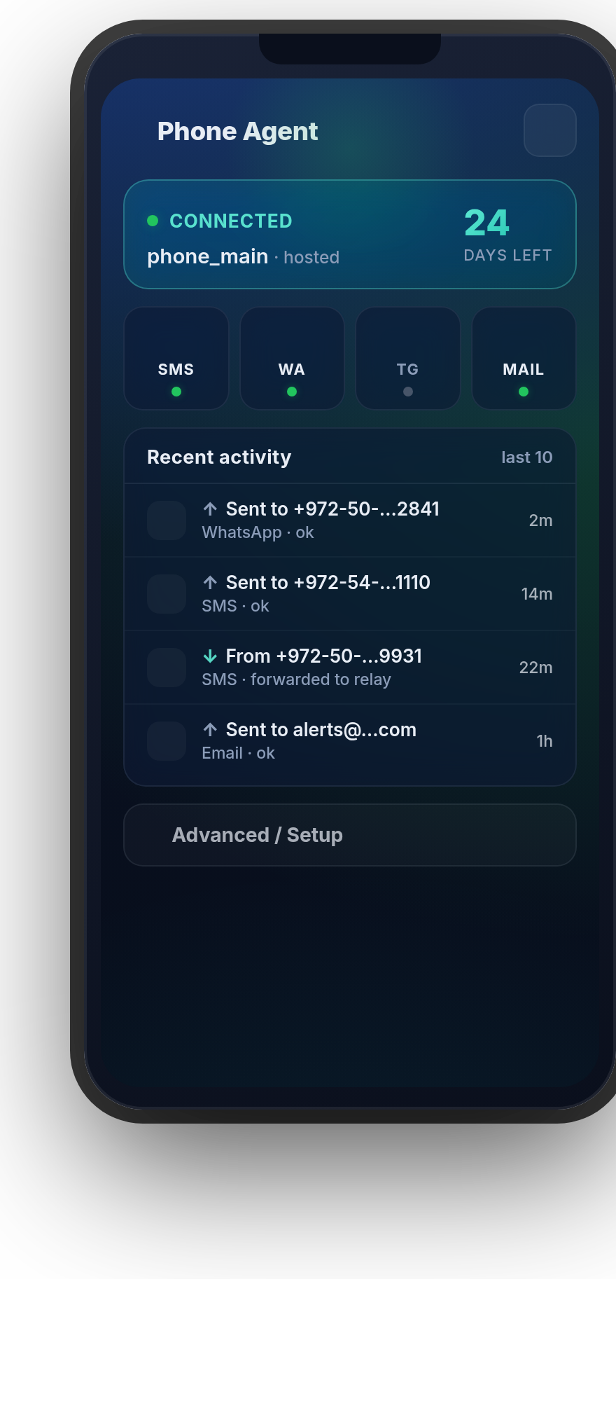 Phone Agent app showing connected status, channel tiles for SMS, WhatsApp, Telegram, and Email, and a recent activity feed.